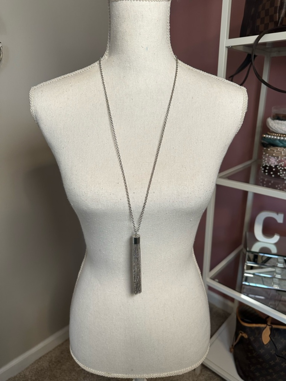 Long Silver Tassel Pendant Necklace